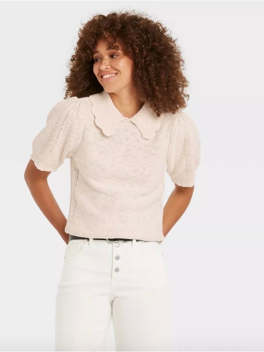 Scalloped Collar Puff-Sleeve Knit Top Croquette Sweater Peter Pan Preppy